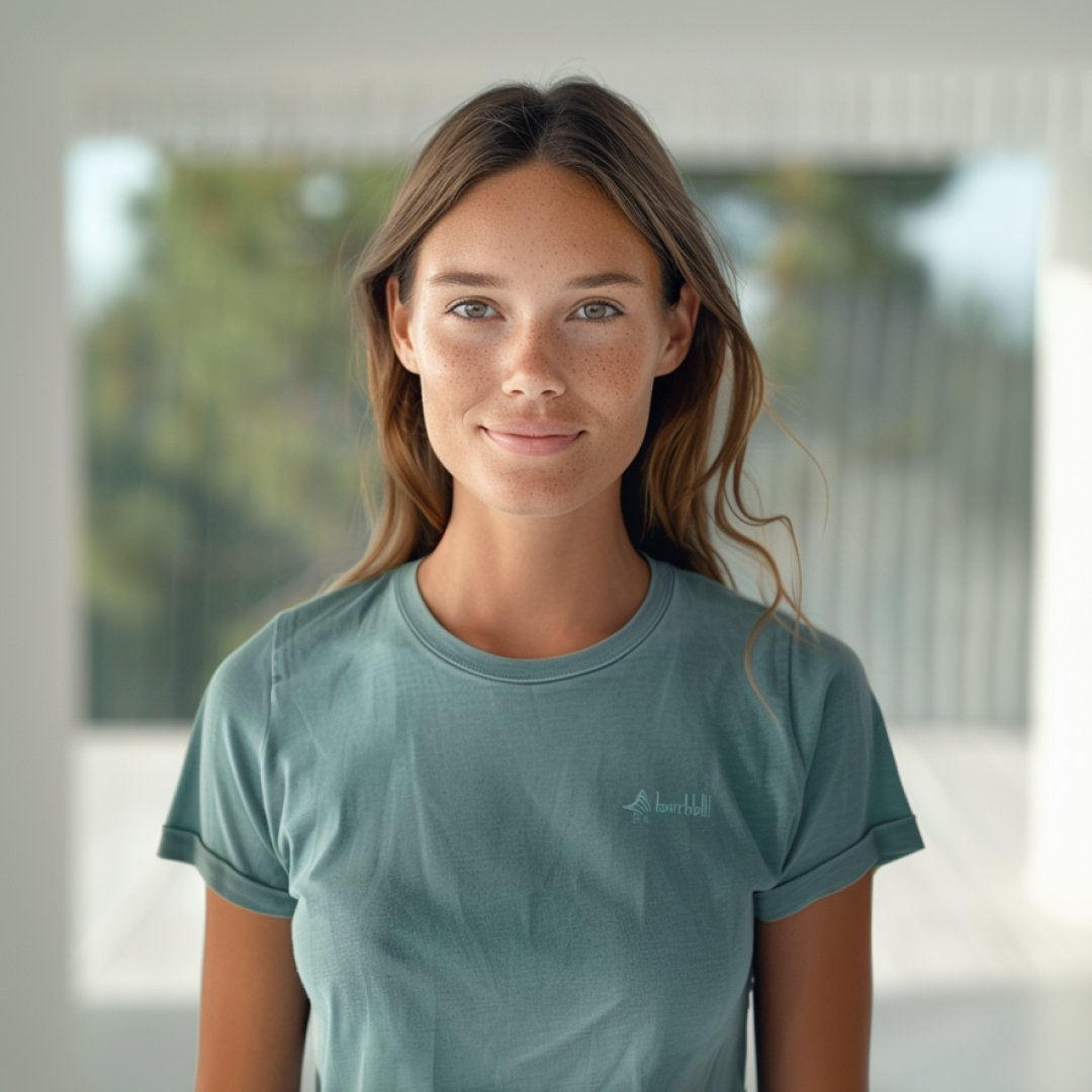 A young woman with long, wavy brown hair is smiling, wearing a light green T-shirt. The background features a blurred, bright interior setting.