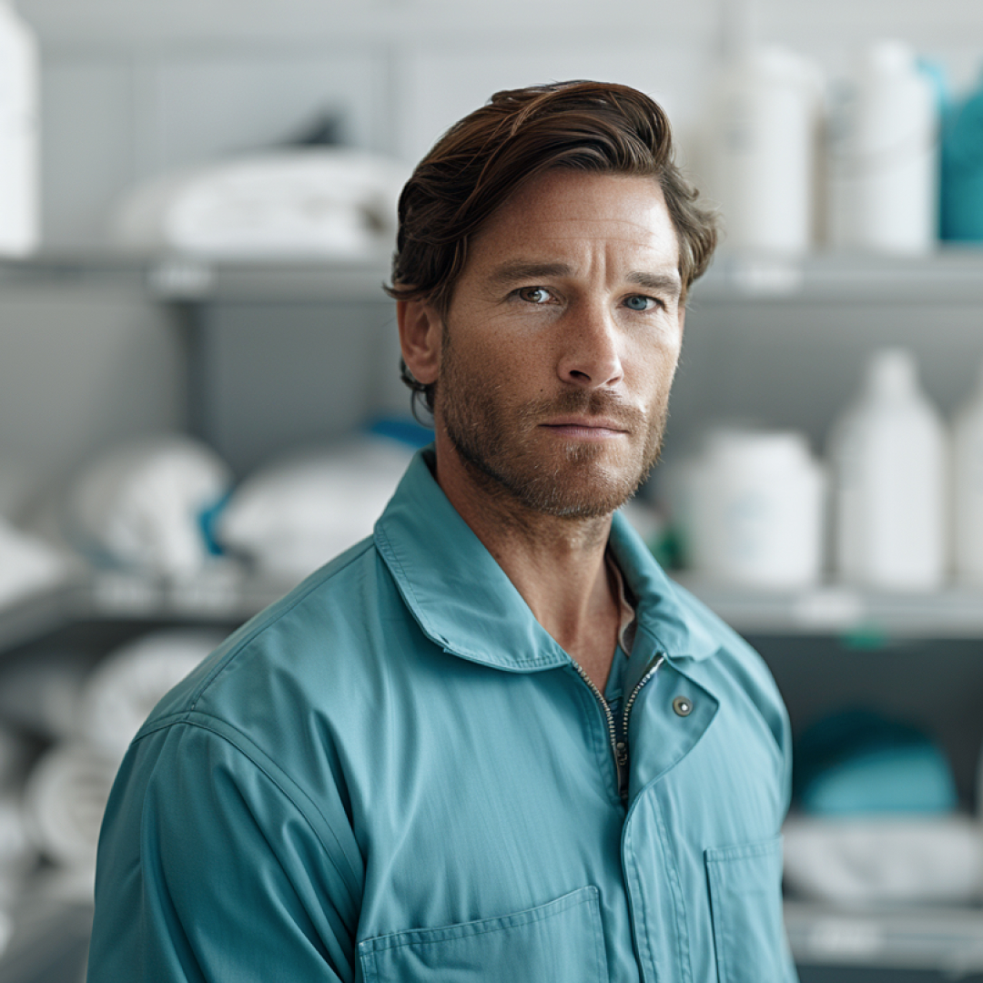 A man with medium-length wavy hair, wearing a teal work jacket, stands looking directly at the camera with a serious expression. The background features blurred white containers, suggesting a workplace environment.