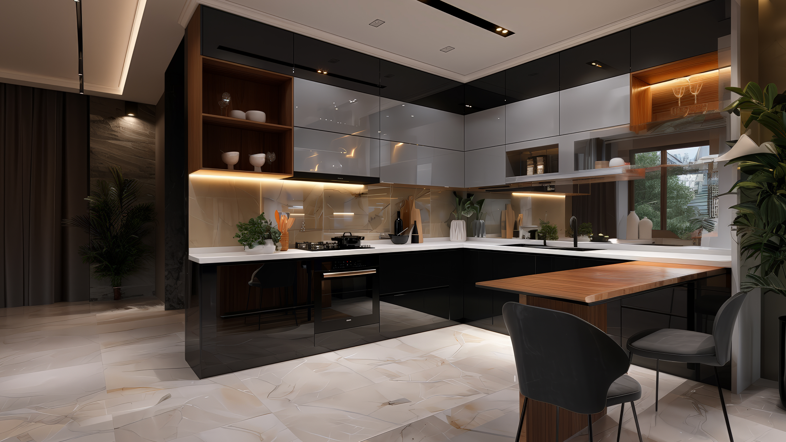 A modern kitchen featuring sleek black and gray cabinetry, a large white countertop, and an island with a wooden table and chairs. The space is illuminated by recessed lighting and has large windows letting in natural light, with decorative plants and dishes on display.