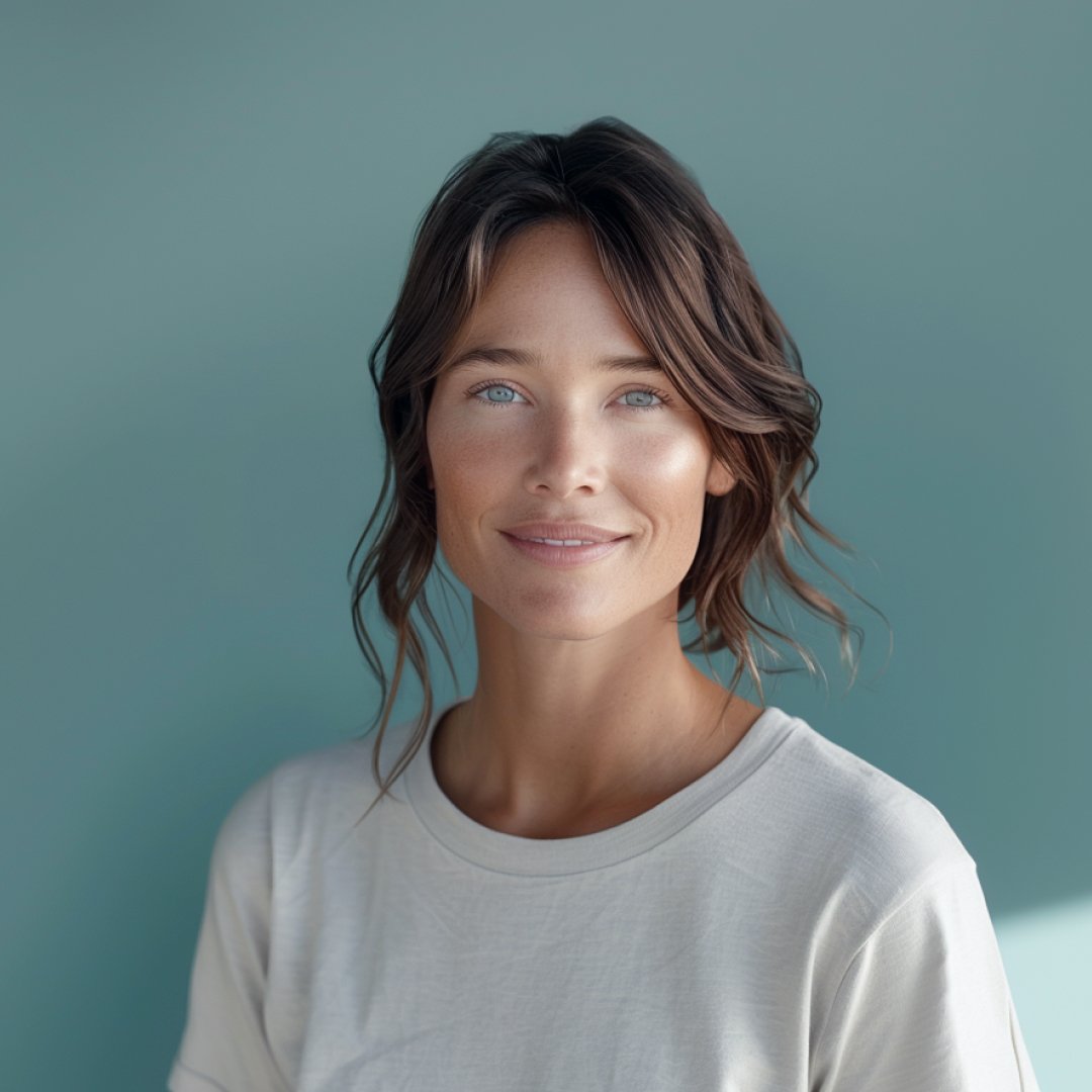 A smiling woman with wavy brown hair and blue eyes, wearing a light-colored t-shirt, against a solid green background.